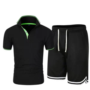 Customized LOGO Summer Men’s Fashion Short Sleeve Shorts 2 piece Set Running Casual Collar Shirt Solid Color Top+Sports Pants