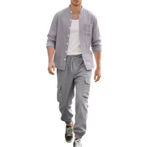 Customized Logo Men’s Summer Two Piece Casual Set Linen Long Sleeved Shirt and Cargo Pants With Pockets