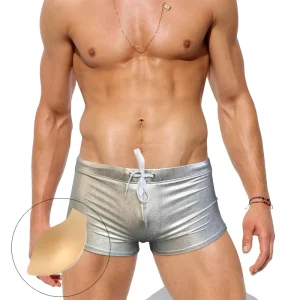 Customized Men’s Gold and Silver Foil Printed Swimming Trunks with Anti Awkward Cups