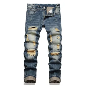 Customized Men’s Retro Distressed Jeans High Quality Street Style Ripped and Fringed Straight Leg Pants