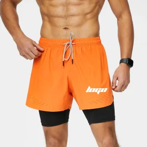 Customized Men’s Sportswear 2 in 1 Breathable Athletic Jogging Fitness Polyester Plain Printing Gym Running Shorts With Pockets