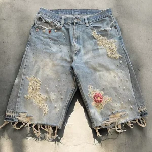 Customized Streetwear Summer Beaded Embroidery Shorts Ripped Stone Washed Distressed Denim Jean Men’s Short