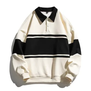 Customized Striped Men’s Lapel Long Sleeve Contrast Hoodie Loose Splicing Collar Casual Top