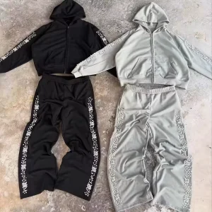 Customized Youth Men’s Street Style Rhinestone Hoodie Set Comfortable Hoodie Set with Diamond Decorations Customized Patterns