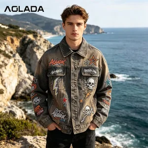 Customized logo Men’s Retro Denim Jacket Distressed Washed Quilted Lining Rustic Fabric Plus Size Retro Jacket