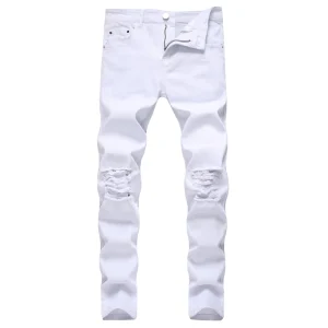 Denim High Street Trend Solid Color Slim Feet Elastic Jeans Men Streetwear Slim Jeans