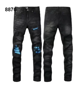 Denim Man Patchwork Distressed Washed Young Men’s Jeans Black