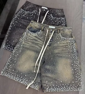 Denim Manufacturer Streetwear Custom Vintage Wash Jorts Men Jeans Shorts with Rhinestones Denim Shorts