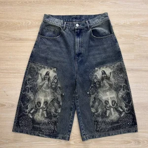 Designer Rhinestone Laser Print Sun Faded Men’s Summer Jorts Oversized Printed Baggy Denim Shorts Pour Hommes