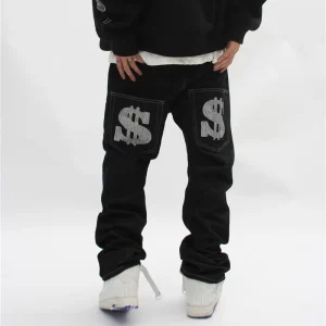 Designer Streetwear OEM Customized Graphic Printing Hip Hop Casual Wide Leg Jeans Loose Straight Baggy Men Denim Stack Jeans