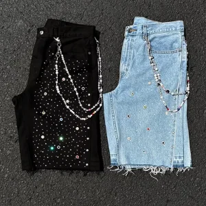 DiZNEW Jeans Men Diamond Jeans Brick inlaid Men’s Denim Shorts Are Fashionable Versatile and High end Custom made Jeans