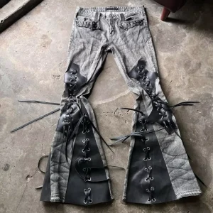 Distressed Customizable High Waist Vintage Loose Men’s Jeans Drawstring Designed Flared Denim Pants Unisex Style