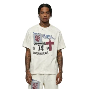 Distressed Hole Washed Slogan Patch Cross Loose Street Tee Graphic Vintage Hip Hop 100% Cotton Apparel Men’s Women’s T-Shirts