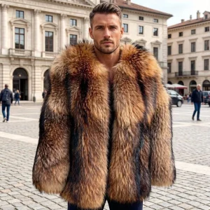 Domineering Men’s Real Raccoon Fur Coat Whole Skin Fur Natural Raccoon Men’s Winter Coat