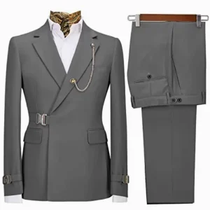 Double Breasted Notched Collar Men’s Suit Blazer Pants Set for Business Formal Slim Fit Wedding