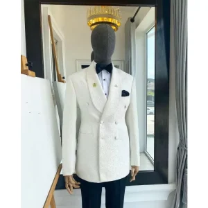 Double Breasted White Ivory Jacquard Pattern Men’s Suits Groom Tuxedos Shawl Lapel Italian Suit for Men 2 PCS