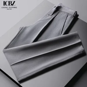 Drape Gray Trousers for Men Cropped Pants Slim Fit Double Pleats Business Casual Suit Trousers