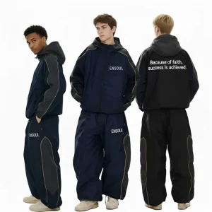 ES Custom Unisex Reflective Logo Waterproof Polyester Tracksuit Zip up Hooded Tracksuit for Men 2 Pieces