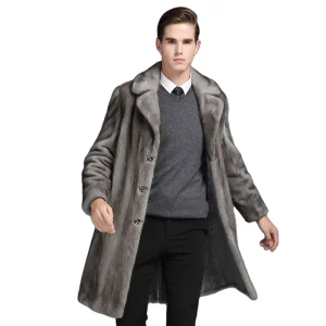Eco-Friendly Men’s Silver Fox Fur Coat Long Overcoat Trench Plus Size Faux Fur