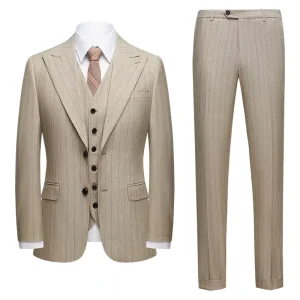 Elastic Khaki Stripes Wedding Formal Casual Single Breasted Peaked Lapel Blazer Stretch Waist Pant 3-Pieces Set Men’s Suit