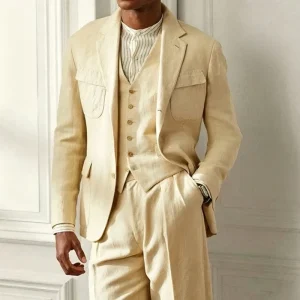 Elegant Linen Men’s Suits 3 Piece Jacket Pants Vest Single Breasted Notch Lapel Blazer Casual Man Tuxedos Slim Fit Male Clothing