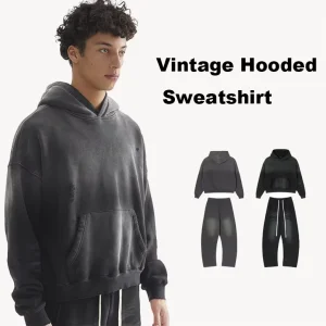 Embossed Printed Casual Blank Loose Short Vintage Pullover Hoodies Sweatpants and Hoodie Set for Men