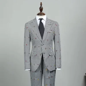 Embroidered Black and White Houndstooth Single Breasted Slim Fit 2 Piece Men’s Suit for Wedding