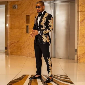 Embroidered Two Pieces Men’s Blazers Sequin Tuxedos Men’s Suits for Celebrity Host Jacket Pants