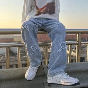 Embroidery Straight Leg Denim Men Loose Fitting Wide Leg Washed Pants Casual Loose Men Trousers Pants
