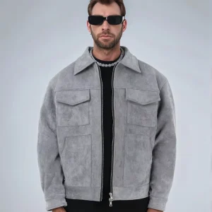 Europe America Cross Border Men’s Fashion Coat Suede Fleece Zipper Large Pocket Casual Lapel Spring Autumn Jacket Outerwear