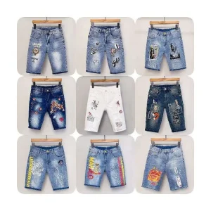 Europe and America Casual Loose Man Wash Denim Shorts Applique Embroidered Shorts Man