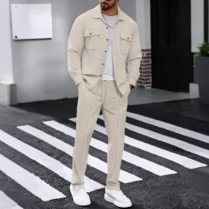 European American Autumn New Waffle Long Sleeved Pants Men’s Two Piece Workwear Set Solid Color Cardigan & Shirt Double Pockets
