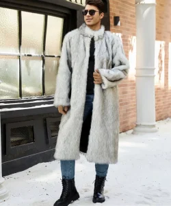 European American Men’s Autumn Winter Long Faux Fox Fur Trench 100% Polyester Turn down Collar Eco Friendly Fill Warm