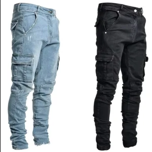 European American Men’s Jeans Slim Fit Side Pockets Casual Style Denim Fabric Washed for Autumn