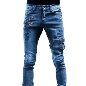 European American New Motorcycle Personality Popular Stretch Breathable Casual Straight Jeans Denim Fabric Light Wash for Men