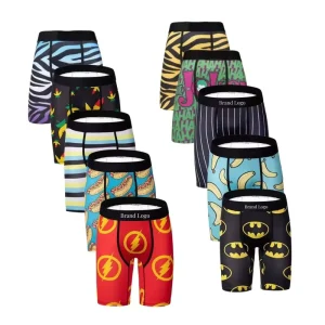 European American Trend Men’s Five-Point Long Sports Underwear Mid-Rise Breathable Knitted Printed Adult Boxer Briefs Logo Waist