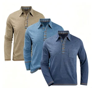 European and American Men’s Button Down Collar Long Sleeved Polo Shirt Casual Fashionable Base Layer Top