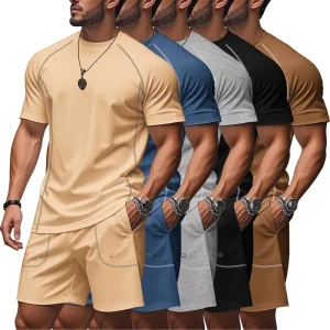 European and American Men’s Loose and Casual Summer Sports Simple Sport Quick-Drying Crossover Short-Sleeved Shorts 2-Piece Set