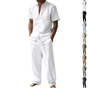 European and American Style Men’s Linen Casual Solid Color Short sleeved Shirt and Trouser Suit Summer Linen Material