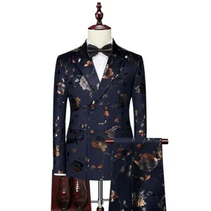 Evening Dress Men’s Suit British Double-Breasted Floral Embroidery Printed Performance Wedding Suit Men