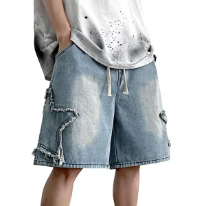 FCOOLYEET Men’s Mid Waist Baggy Wide Leg Pants Y2K Star Patchwork Denim Shorts Loose Hip hop Jorts