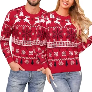 FNJIA Men’s Christmas Sweater Couple’s Knitted Elk Snowflake Print Long Sleeve Pullover Autumn-Winter Red Ugly Xmas Front