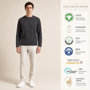 Factory Crew Neck Long Sleeve Linen Viscose Blend Texture Striped Sweater Men Knitted Sweater