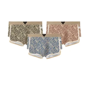 Factory Direct Men’s Comfortable Mid rise Boxer Briefs Geometric Printed Silk Milk Retro Style Trendy Personalized Knitted Waist
