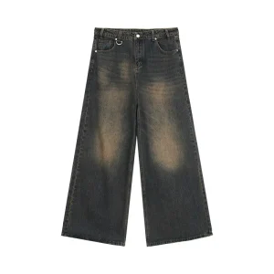 Factory Direct Sale Men’s Loose Straight-Leg Knitted Mid Waist Light Wash Vintage Denim Jeans Trousers