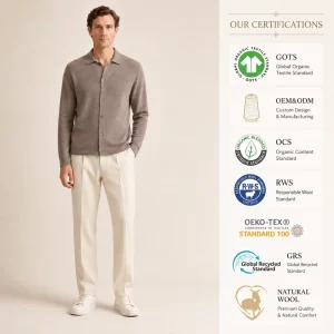 Factory Long Sleeve Polo Neck 100 Mercerized Merino Wool Full Button Men Knitted Sweater Cardigan