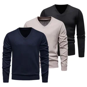 Fall Winter Men’s Jacquard Knit V Neck Pullover Sweater Solid Color Classic Knitwear for Business Casual & Layering