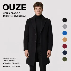 Fall Winter Mid Long Length Single Breasted Trench Men’s 100 Polyester Overcoat Modern Minimalist Style Formal Casual Jacket