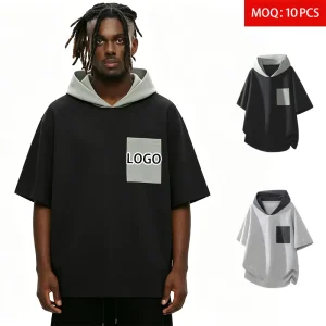 Fashion Casual Hooded Men’s T Shirt Cotton Spandex Blend 270g Loose Fit Short Sleeve Color Block Streetwear Custom LOGO