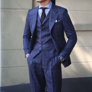 Fashion City Retro Gray Blue Plaid Suit Jacket Banquet Casual Single West Men’s Slim Fit Plaid Suit blazer